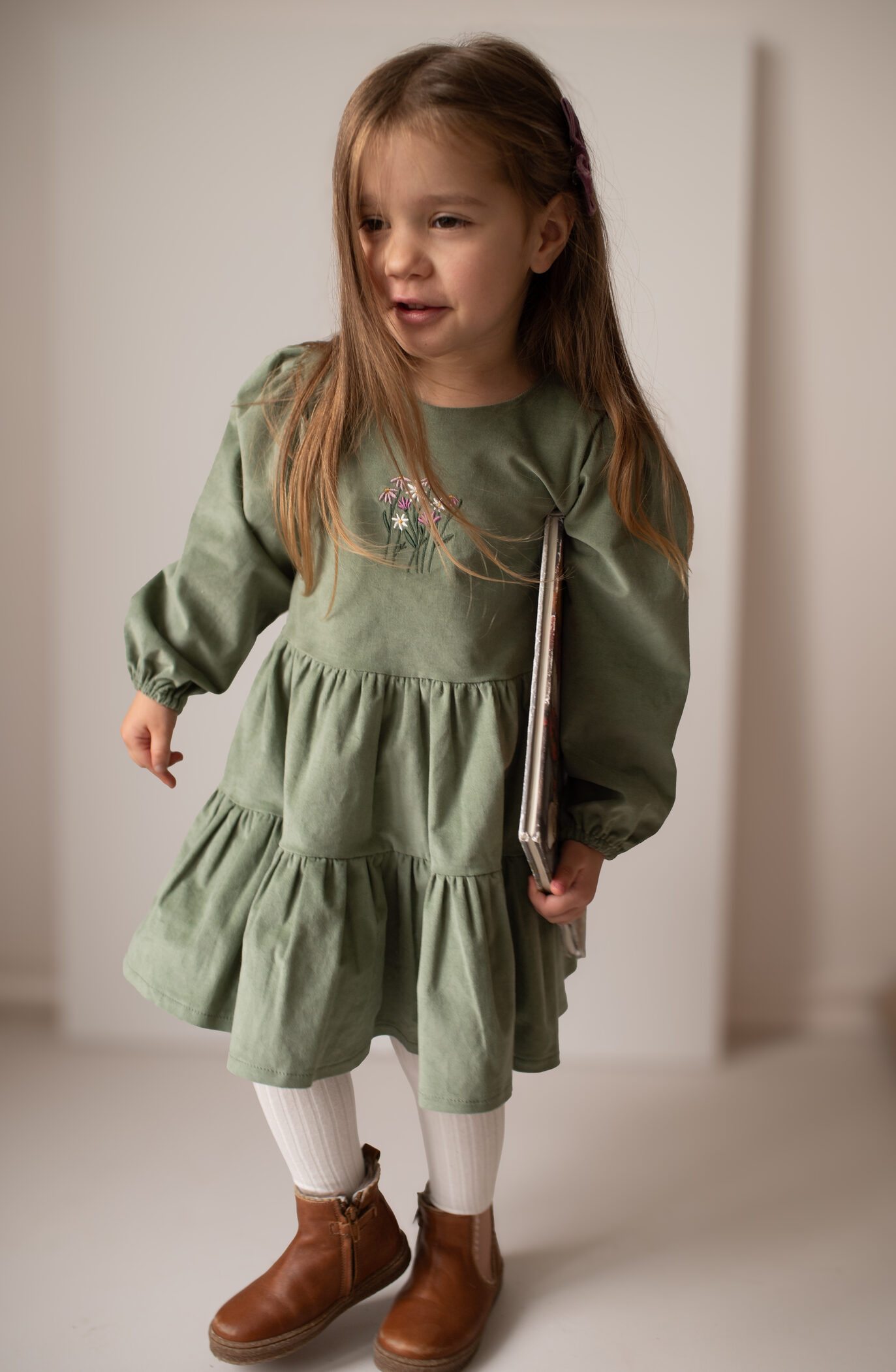 Girls' Fine Velvet Dress with Embroidery - Sage Green | WUF KIDS