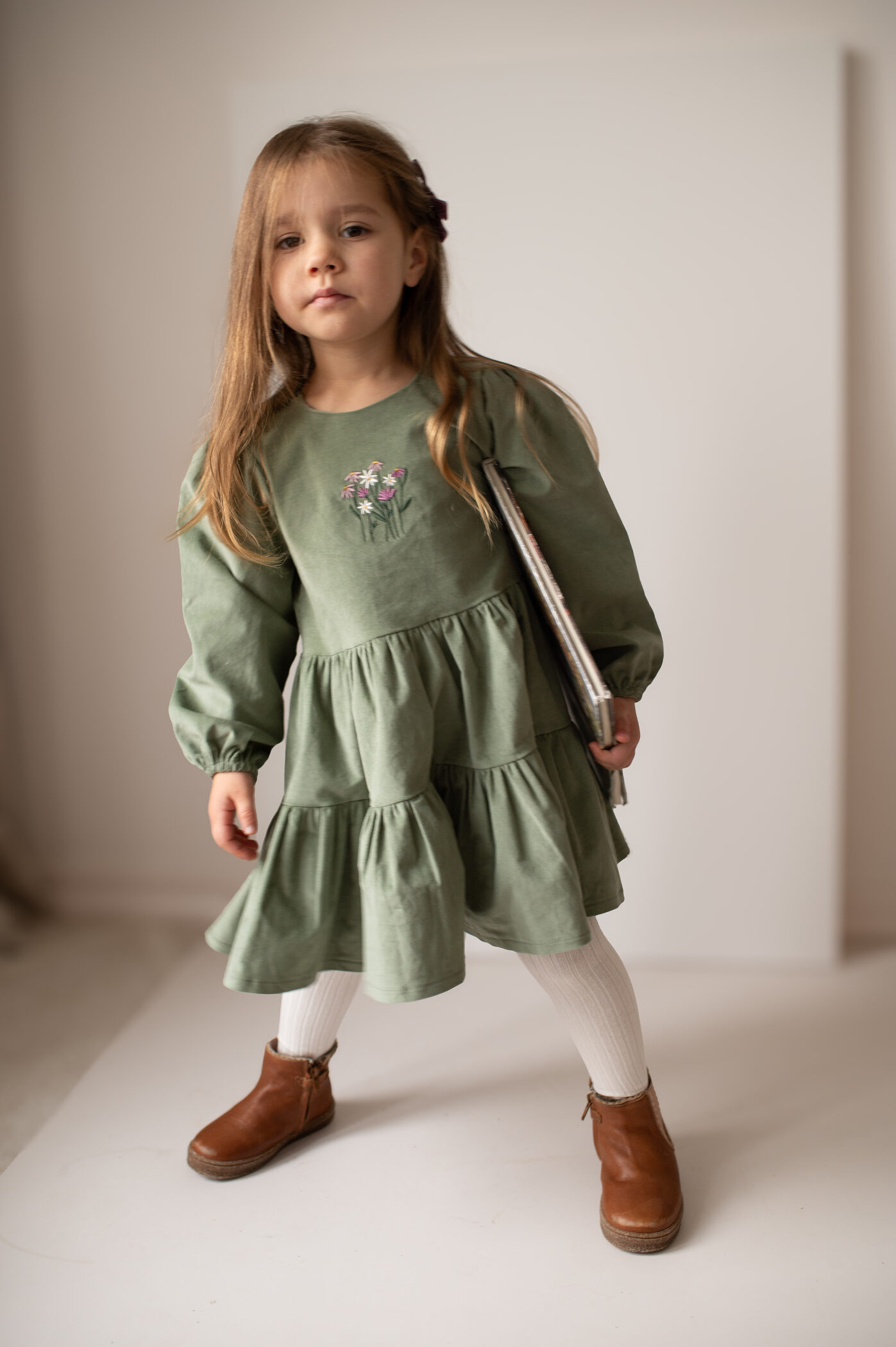 Girls' Fine Velvet Dress with Embroidery - Sage Green | WUF KIDS Girls' Fine Velvet Dress with Embroidery - Sage Green | WUF KIDS