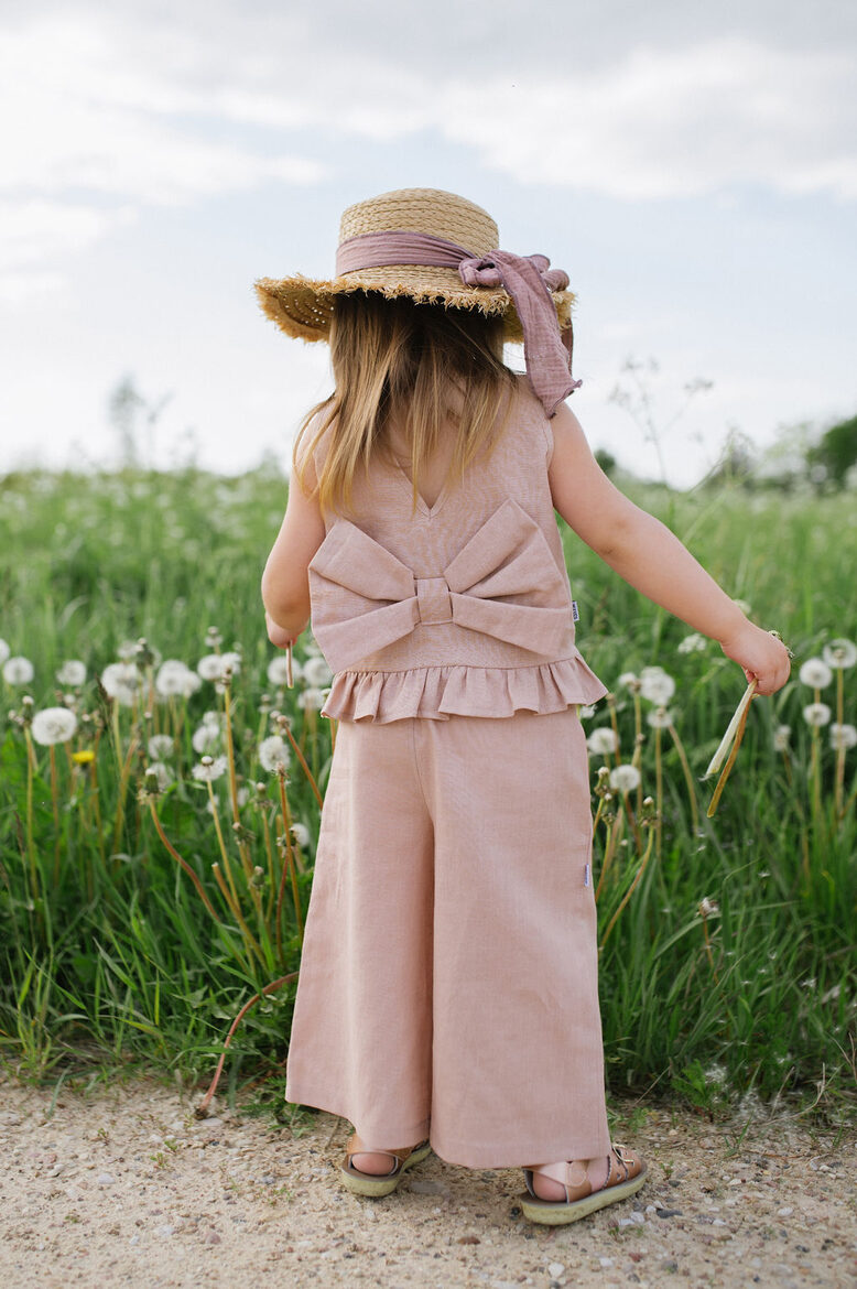 Girls Linen Blouse With Bow - Pink