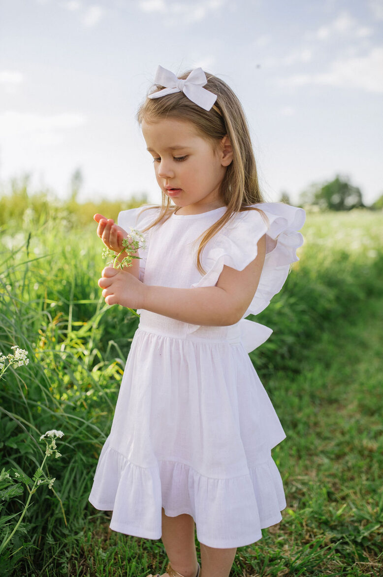 Girls White Linen Dress with Bow
