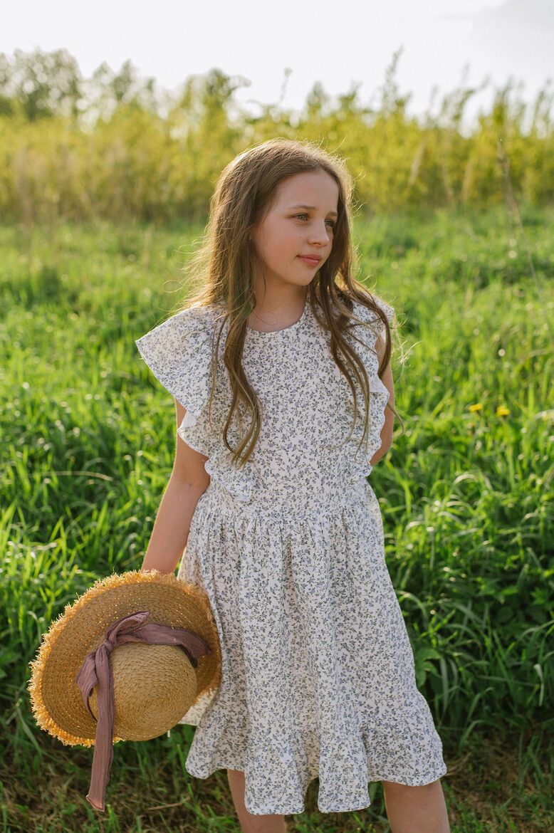 Girls Muslin Dress with Blue Flowers and Ruffles