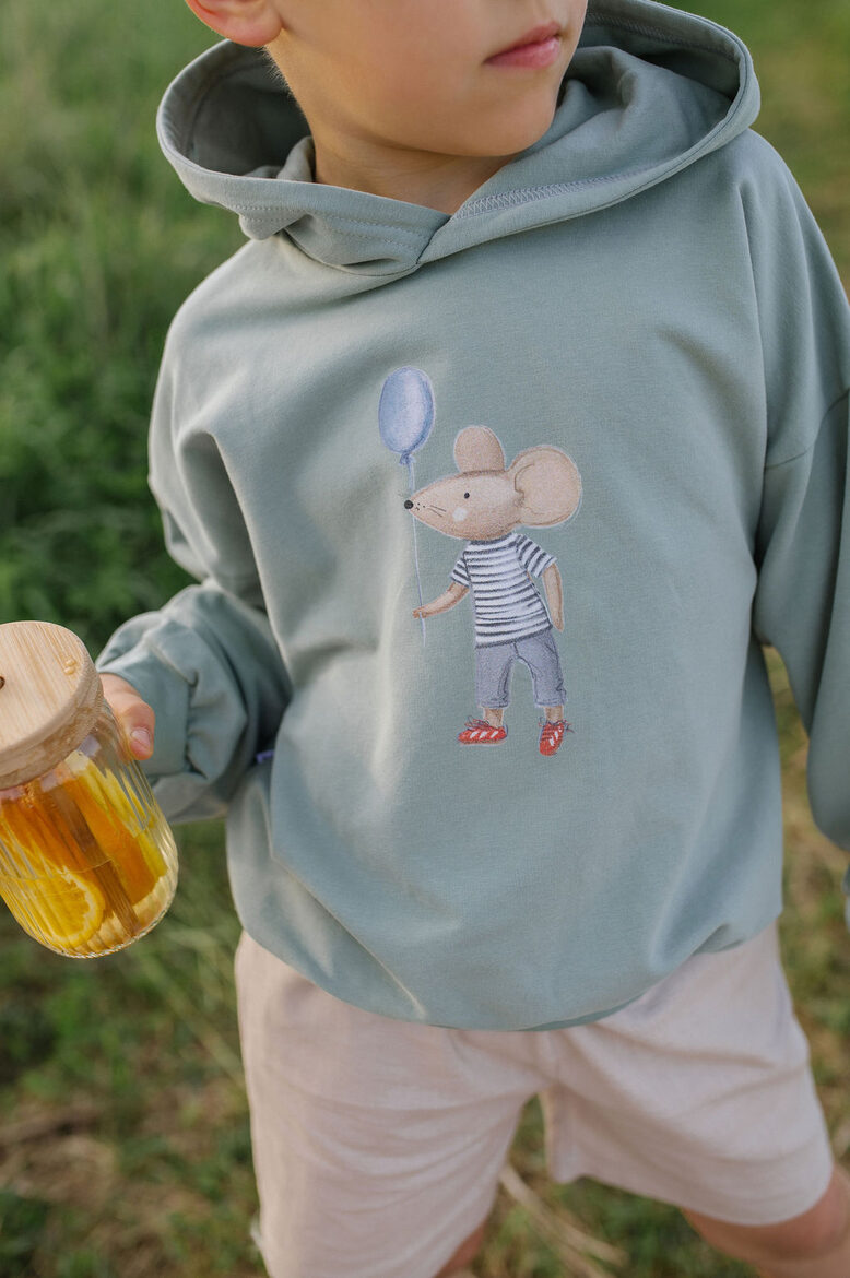 Childrens' Hoodie - Mouse With Balloon / Dark Mint