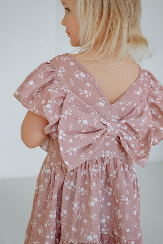 Girls Muslin Dress With Bow - Dusty Rose Floral