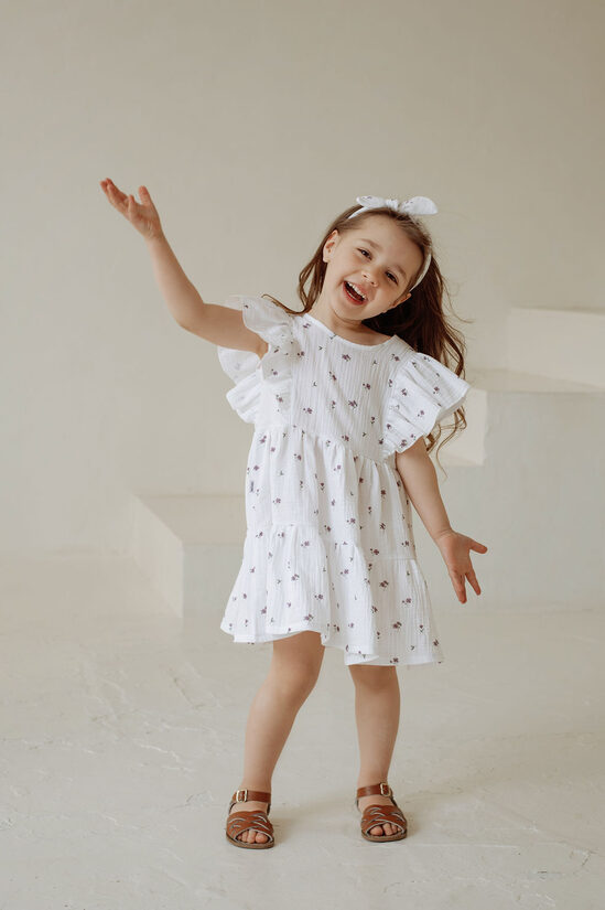 Girls Muslin Dress With Bow - White Floral