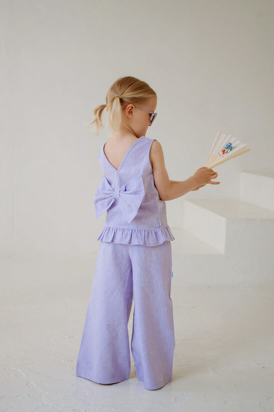 Linen Blouse With Bow - Purple Melange