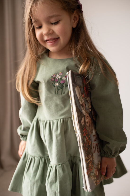 Girls’ Fine Velvet Dress with Embroidery - Sage Green