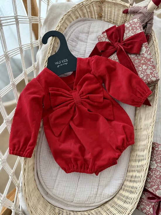Velvet Red Romper with Large Bow on the Back | WUF Kids