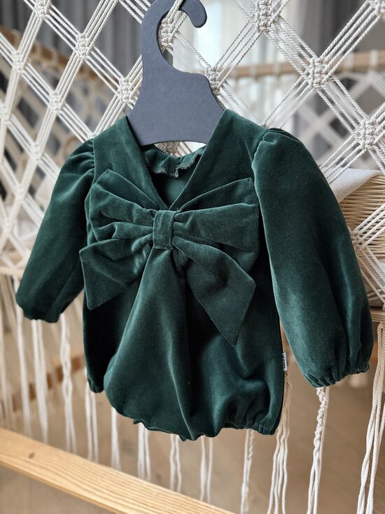 Velvet Green Romper with Large Bow on the Back | WUF Kids