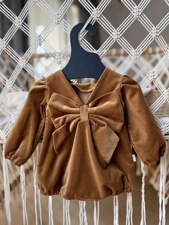 Velvet Caramel Brown Romper with Large Bow on the Back | WUF Kids