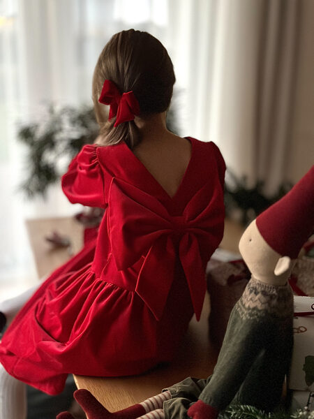 Velvet Dress With Bow - Red