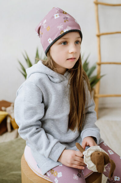 Beanie hat with cotton lining - Pink flowers