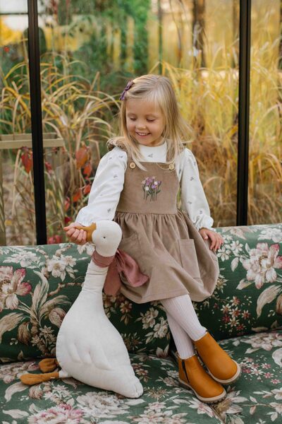 Girls Pinafore Dress With Floral Embroidery - Brown