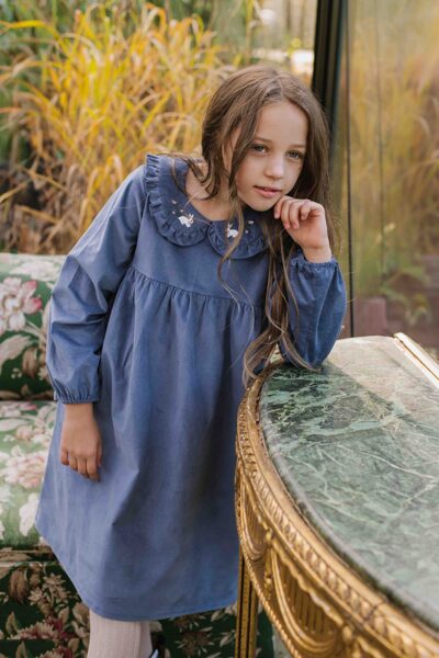 Girls Delicate Pincord Dress With An Embroidered Collar - Dark Blue