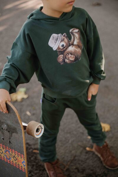 Children's Hoodie With Bear Teo - Forest Green