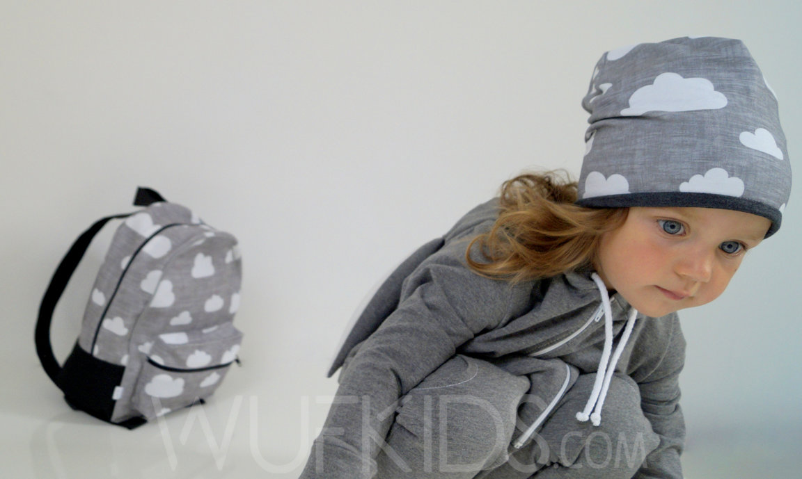 grey with cloud beanie hat, slouchy beanie hat, toddler backpack with grey clouds